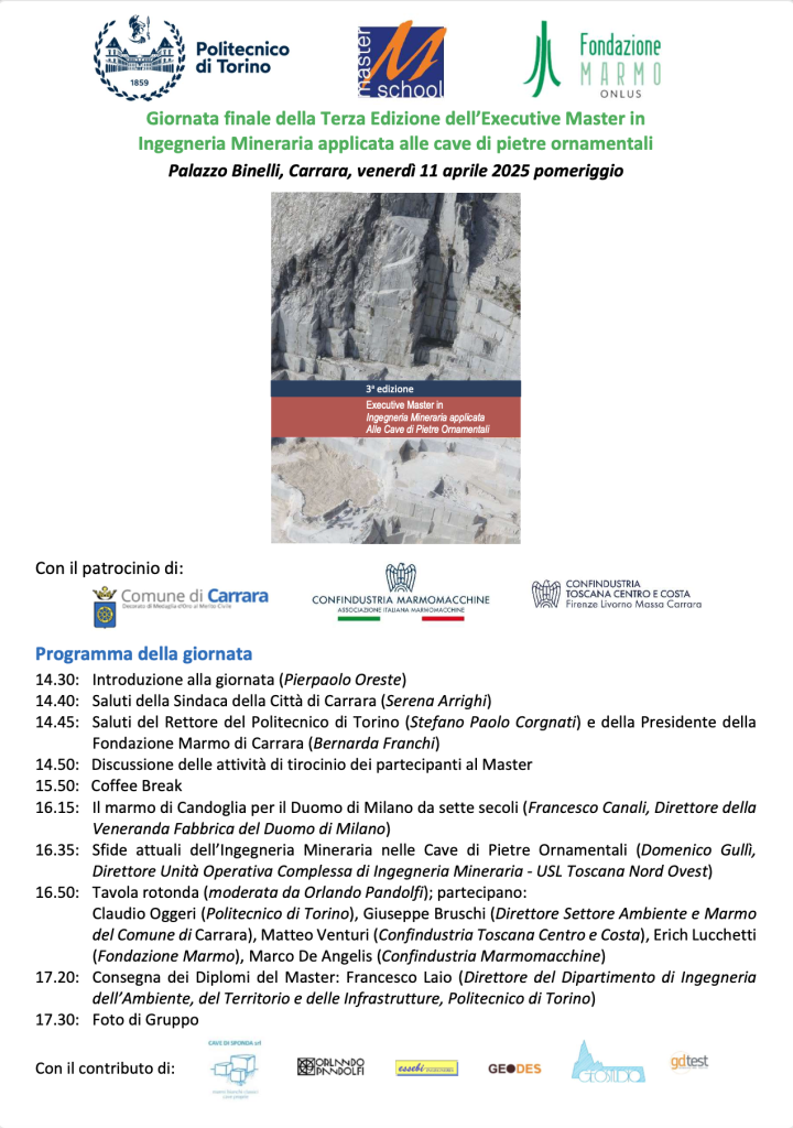 Carrara, l’11 aprile la consegna dei diplomi dell’executive master in Ingegneria Mineraria applicata alle Cave di Pietre Ornamentali